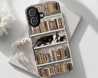 Boston Terrier Literary Gift, Dog Phone Case, books phone case, Bookcase 3D Case, Phone Case for Phone 17 16 15 14 Pro Max Samsung Galaxy
