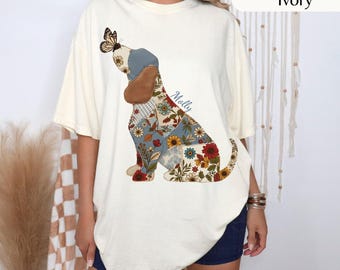 beagle dog Patchwork Silhouette, Dog beagle with Butterfly Crewneck, Patchwork beagle custom name dog shirt Comfort Colors