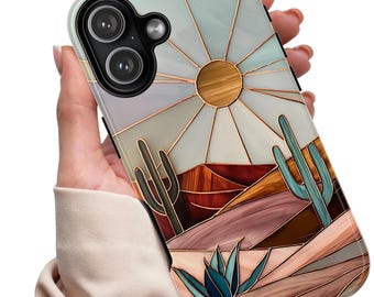 Desert Cactus Sunset phone case | Southwestern landscape,  stained glass