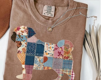 Floral Patchwork Pug Graphic Tee,  Pug silhouette Shirt, Dog fall vibes, patchwork shirt, Pug Mom, for Pug Lovers, Owner Dog Mom