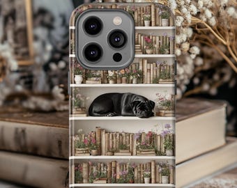 Sleeping Black Pug on Bookshelf Phone Case | Floral Vintage Library