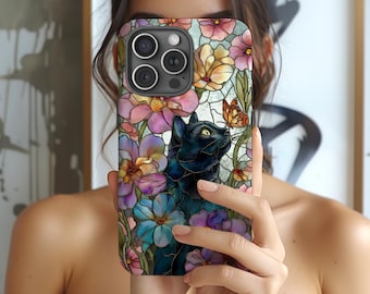 Black Cat Among Flowers phone case | floral stained glass butterfly and Cat