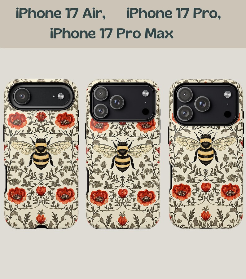 May include: Phone cases with a floral and bee design. The cases are cream-colored with red flowers, green leaves, and a large bee in the center. The text at the top reads "iPhone 17 Air, iPhone 17 Pro, iPhone 17 Pro Max."