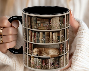 Cozy Sleeping Dog on Vintage Books Mug, golden Retriever Dog, Literary Gift, Gifts for Readers, Cup for Readers, Retriever owners gift