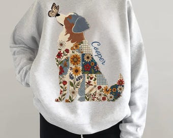 Australian Shepherd dog Silhouette, Dog Australian Shepherd with Butterfly Crewneck, Patchwork pet custom name dog shirt Comfort Colors