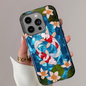 Koi Fish Phone Case, Japanese cover Stained Glass Effect, phone Case for iPhone 16 15 14 13 Pro Max Samsung Galaxy S25 S24 & Google Pixel