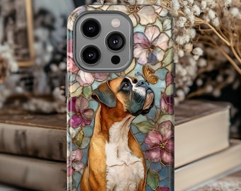 Boxer Dog Floral Stained Glass Phone Case | Tough Case dog,  Boxer Dog whit butterfly