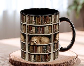doodle Dog, Cozy Library Dog Mug Golden doodle, Literary Gift, Gifts for Readers, owners gift, mug for readers, coffee mug, dog and books