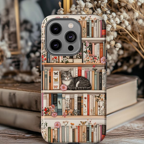 Gray Cat, Cozy Bookshelf Cat phone case | Tough Cases For Cat owner, Books and Cats, Phone cases