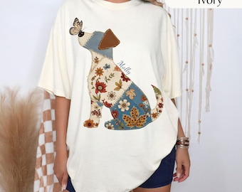 Patchwork Jack Russell Terrier Silhouette, Dog Russell Terrier with Butterfly Crewneck, Russell Terrier custom name dog shirt Comfort Colors