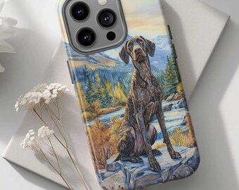 May include: A phone case featuring a detailed painting of a brown dog sitting on a rock with a scenic mountain and river background. The case has a glossy finish and a camera cutout.