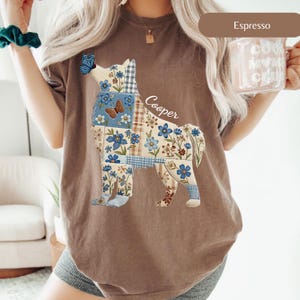 Silueta de Samoyedo en retazos, perro Samoyedo con cuello redondo de mariposa, camiseta de perro Samoyedo con nombre personalizado en retazos