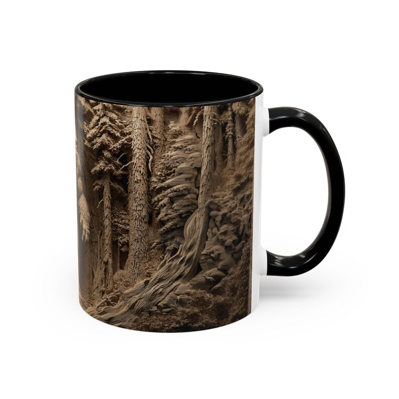 Bigfoot in the Woods 3D Hand-Carved Wood Effect UV Printed, Rustic Forest, Bigfoot Mug, Funny Mug for her or him image 13