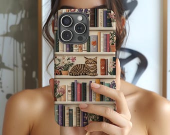 Funda para móvil con diseño de gato y estantería / Biblioteca acogedora, para amantes de las plantas, funda resistente