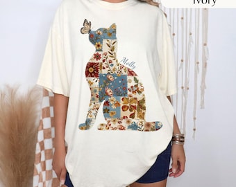 Patchwork cat  Silhouette, Dog cat with Butterfly Crewneck, Patchwork cat custom name cat shirt Comfort Colors