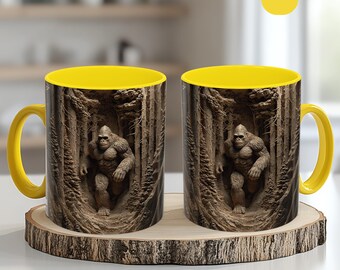 Bigfoot in the Woods, tazza con effetto legno intagliato a mano in 3D e stampa UV, foresta rustica, Bigfoot, tazza divertente per lei o per lui