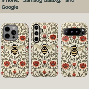 May include: Phone cases with a cream background, featuring a pattern of red flowers, green leaves, and bees. The cases are designed for iPhone, Samsung Galaxy, and Google phones. The text at the top says "iPhone, Samsug Galaxy, and Google".