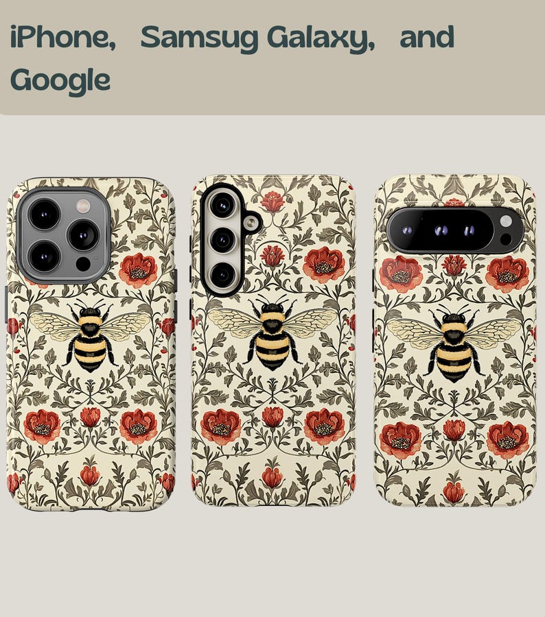 May include: Phone cases with a cream background, featuring a pattern of red flowers, green leaves, and bees. The cases are designed for iPhone, Samsung Galaxy, and Google phones. The text at the top says "iPhone, Samsug Galaxy, and Google".