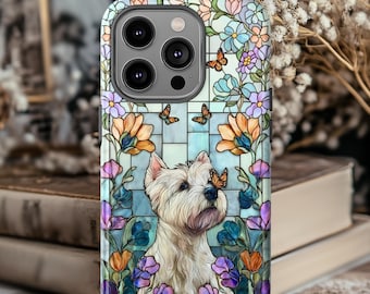Westie dog with Butterfly phone case | Floral stained glass design