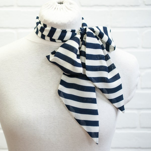navy stripe scarf, neckerchief, skinny scarf, navy stripe, stripe, bow, thin scarf, neck scarf, head scarf, bow scarf, handmade, stacylynnc