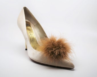 Detachable Feather Puff Pom Pom Shoe Clips  Set of Two Tan