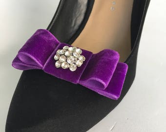 Purple Velvet  Ribbon Bow Plain or with Rhinestone Center Shoe Clips Set Of Two