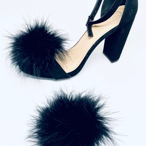 Detachable Feather Puff Pom Pom Shoe Clips Set of Two Black image 1