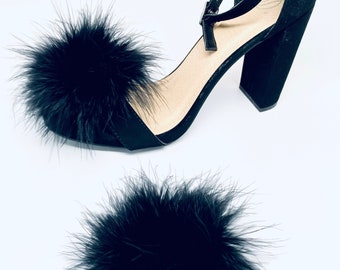 Detachable Feather Puff Pom Pom Shoe Clips  Set of Two Black