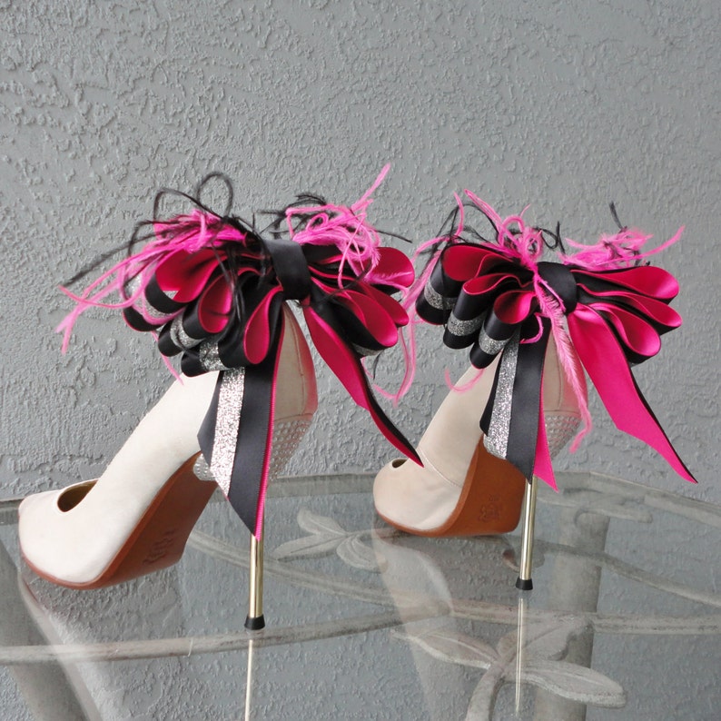 Bridal Party Wedding Black Hot Pink And Glitter Satin Ribbon Bow With Feather Shoe Clips Set Of Two image 3