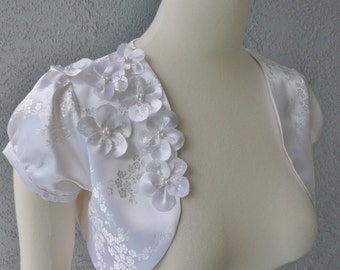 Bridal Wedding Cherry Blossom White Brocade Bolero Shrug Adorned With Same Fabric Flowers And Beads