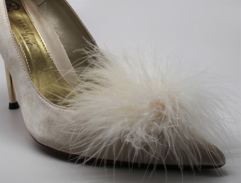 Detachable Feather Puff Pom Pom Shoe Clips Set of Two Ivory image 3