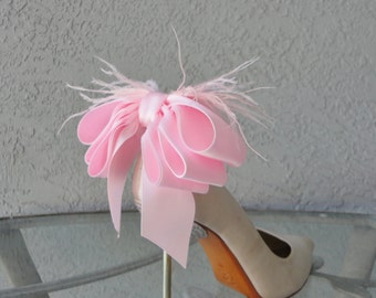 Bridal Party Wedding Baby Pink  Satin Ribbon Bow And Feather Shoe Clips Set Of Two