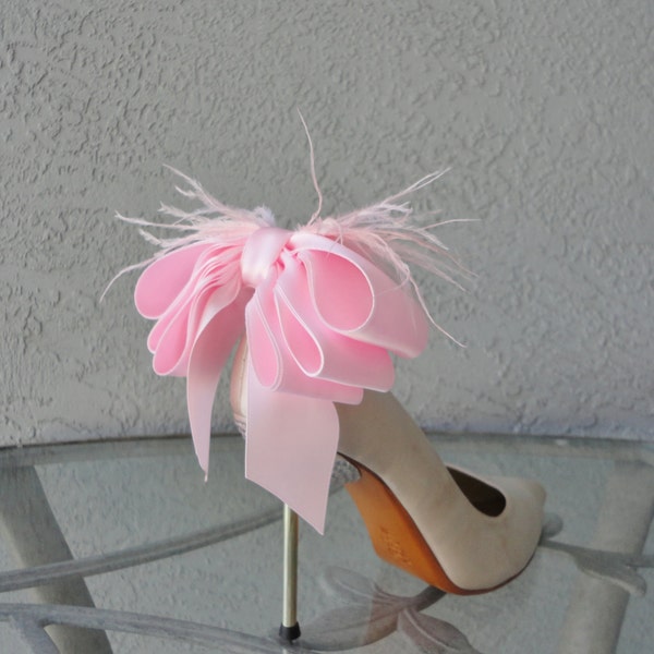 Bridal Party Wedding Baby Pink  Satin Ribbon Bow And Feather Shoe Clips Set Of Two