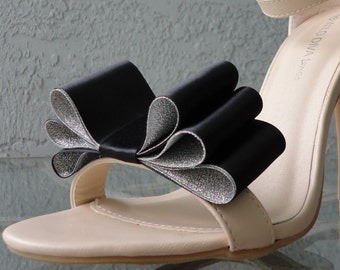 Christmas New Year Colors Two Tone Satin Ribbon Bow Shoe Clips Black And Silver Set Of Two, More Colors Available