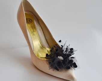 Black Tulle With Dots Flowers Shoe Clips Set of two