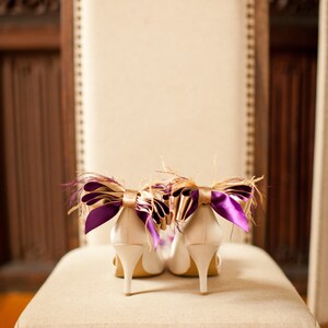 Nude And Purple Satin Ribbon Bow And Feather Shoe Clips image 2