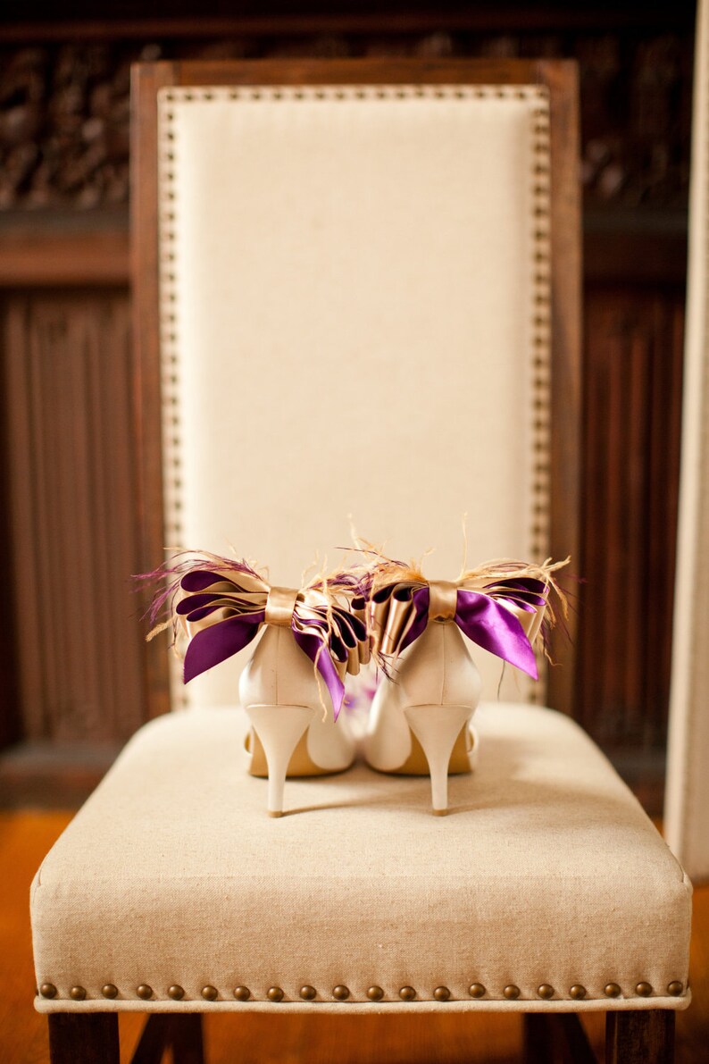 Nude And Purple Satin Ribbon Bow And Feather Shoe Clips image 2