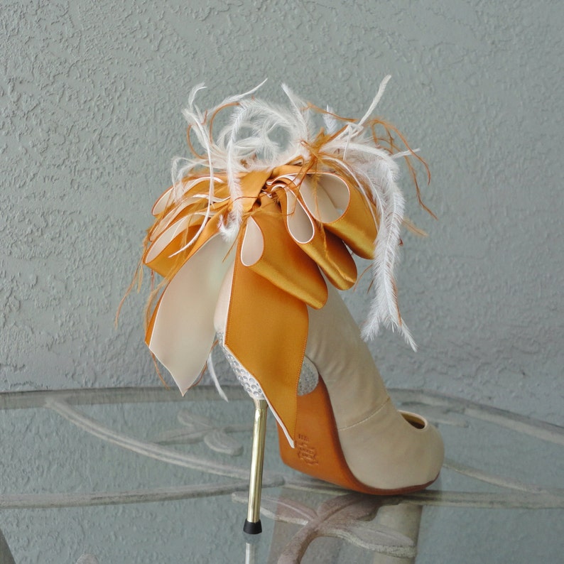 Bridal Party Wedding Burnt Orange And Ivory Satin Ribbon Bow And Feather Shoe Clips Set Of Two More Colors Available image 3