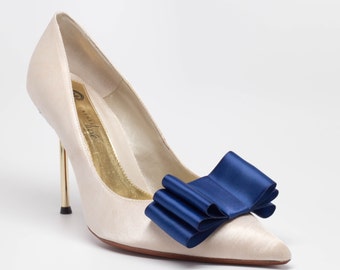 Navy Blue Satin Ribbon Bow Shoe Clips Set Of Two, More Colors Available