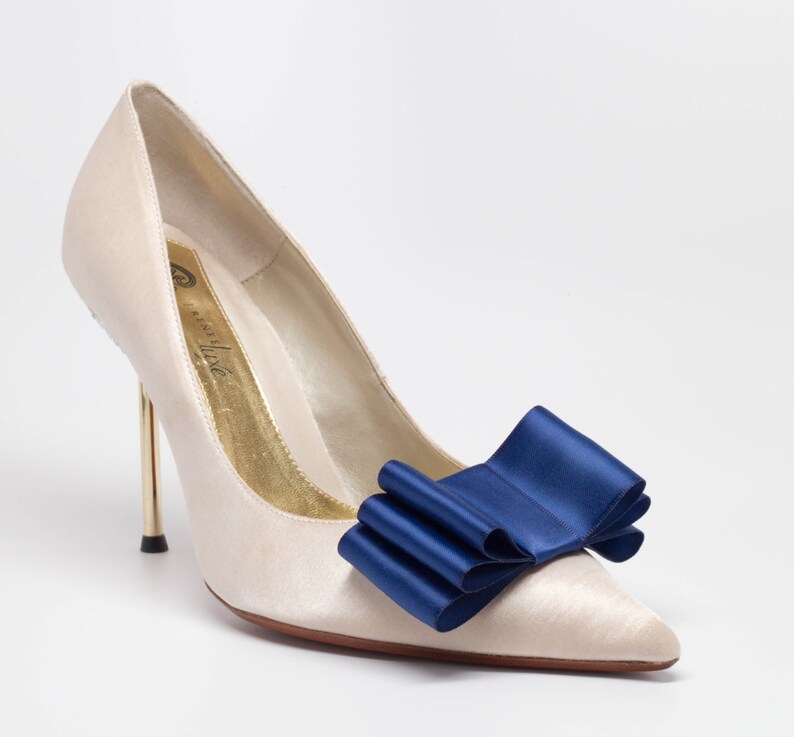 Navy Blue Satin Ribbon Bow Shoe Clips Set Of Two More Colors image 0
