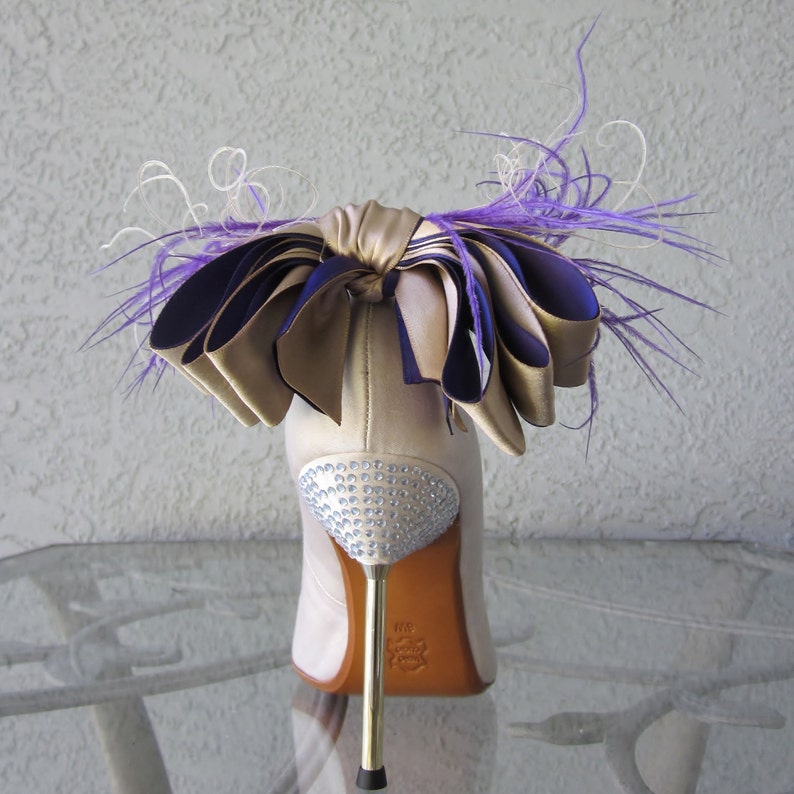 Nude And Purple Satin Ribbon Bow And Feather Shoe Clips image 5