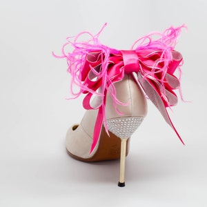 Bridal Formal Sexy Shoe Clips Hot Pink And Silver Satin Ribbon Bow And Feather More Colors Available image 1