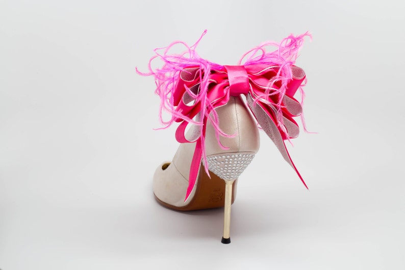 Bridal Formal Sexy Shoe Clips Hot Pink And Silver Satin Ribbon Bow And Feather More Colors Available image 1