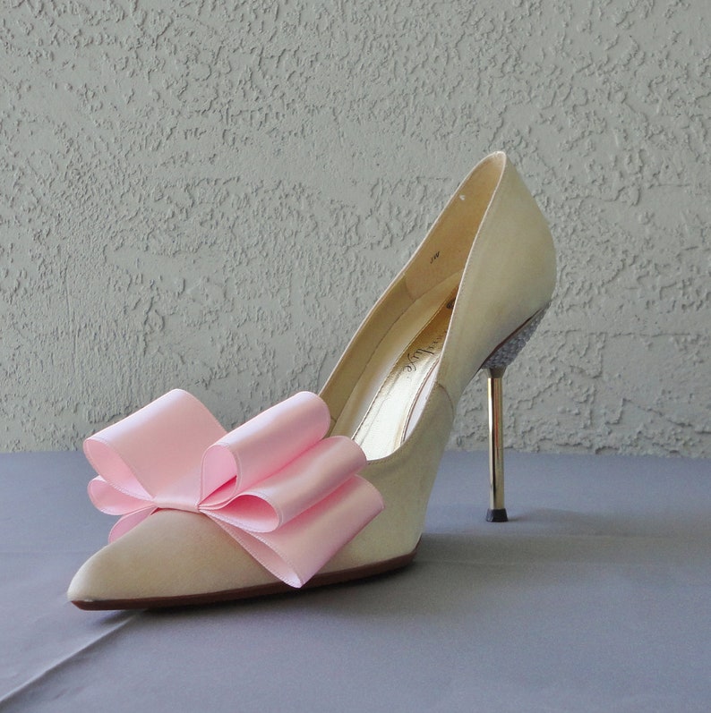 Pink Satin Ribbon Bow Shoe Clips Set Of Two, More Colors Available image 4