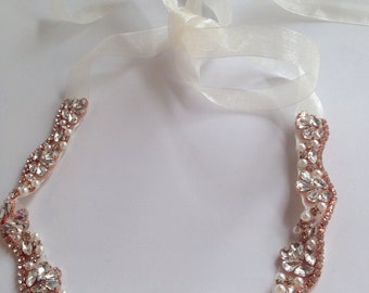 Skinny Bridal Wedding Sash Rose Gold Rhinestones Crystal and Beads