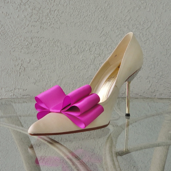 Magenta Satin Ribbon Bow Shoe Clips Set Of Two, More Colors Available