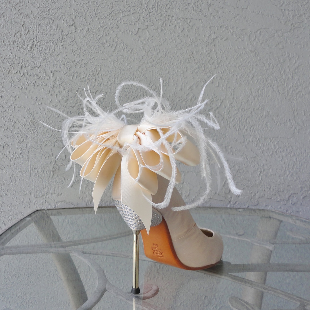 Bridal Shoe Clips Ivory Satin Ribbon Bow and Ostrich Feather - Etsy