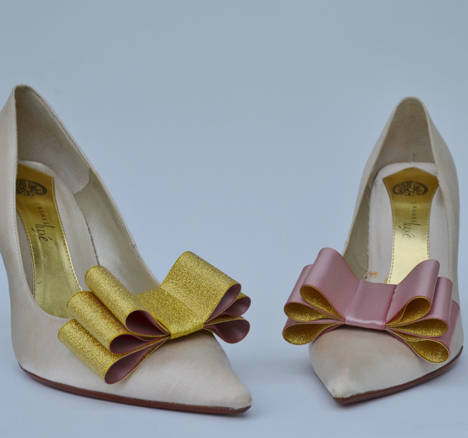 Two Tone Satin Ribbon Bow Shoe Clips Gold and Dusty Pink Set Etsy