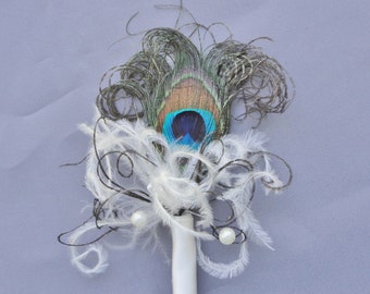 Peacock Feather Boutonniere Ivory With Beads And Crystals It Can Customized With Your Colors