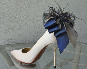 Bridal Party Wedding Gray And Navy Blue Satin Ribbon Bow And Feather Shoe Clips Set Of Two